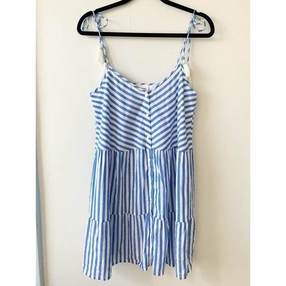 Sezane Felicie Dress in Ecru Blue Silver Tiered Button Down Tassel Tie Size 6 - Picture 4 of 10